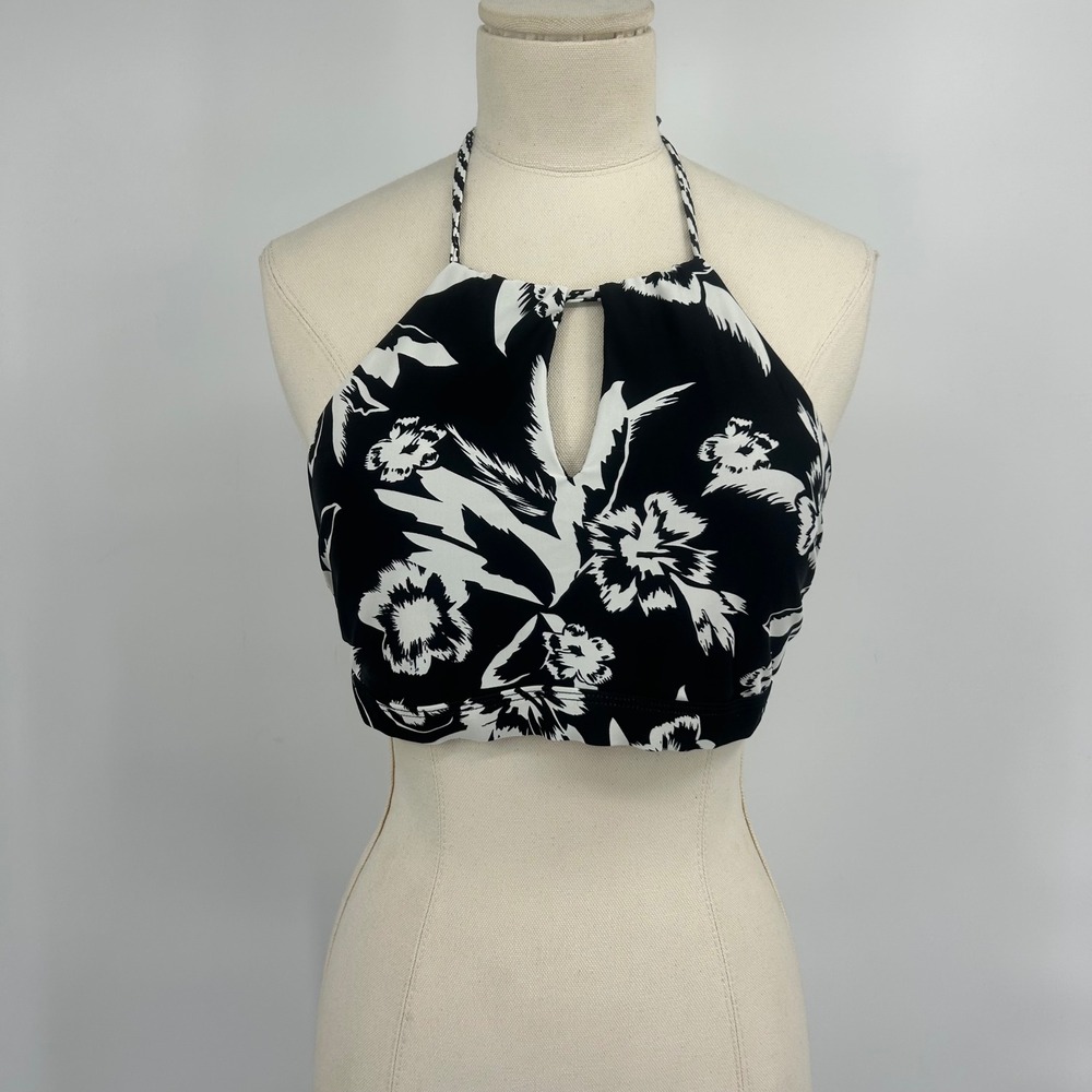 Athleta Womens Black White Floral Halter Bikini Top Keyhole Lace Up Back Size M